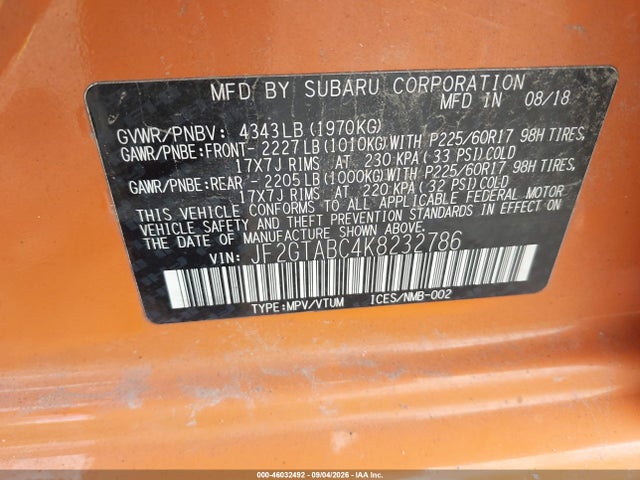 Продажа на аукционе авто 2019 Subaru Crosstrek 2.0i, vin: JF2GTABC4K8232786, номер лота: 46032492