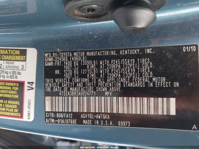2010 Toyota Venza მანქანა იყიდება აუქციონზე, vin: 4T3ZA3BB2AU024771, აუქციონის ნომერი: 46032496