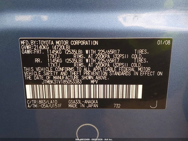 2008 Toyota Rav4 Limited V6 მანქანა იყიდება აუქციონზე, vin: JTMBK31V185053383, აუქციონის ნომერი: 46032499