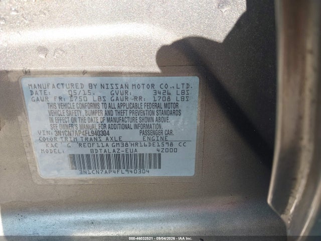 Продаж на аукціоні авто 2015 Nissan Versa 1.6 S+, vin: 3N1CN7AP4FL940304, номер лоту: 46032521