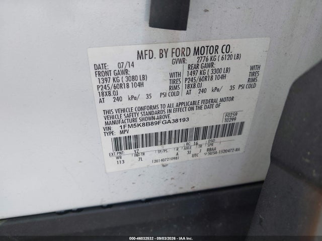 46032532 :رقم المزاد ، 1FM5K8B89FGA38193 vin ، 2015 Ford Explorer مزاد بيع