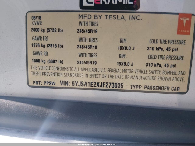Продажа на аукционе авто 2018 Tesla Model S 100d/75d/p100d, vin: 5YJSA1E2XJF273035, номер лота: 46032534