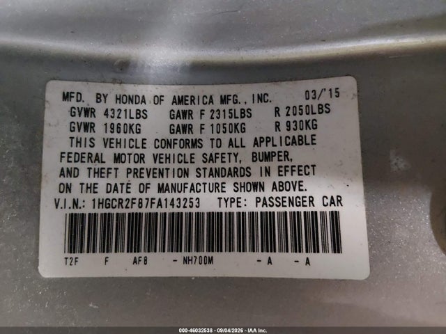 Aukcja sprzedaży 2015 Honda Accord Ex-l, vin: 1HGCR2F87FA143253, numer aukcji: 46032538