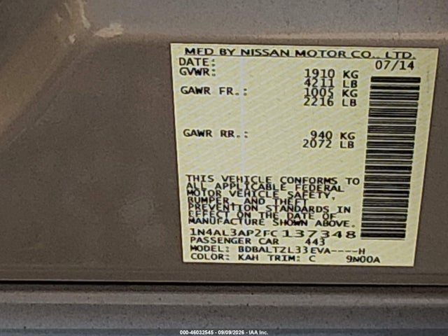 Продаж на аукціоні авто 2015 Nissan Altima 2.5 Sl, vin: 1N4AL3AP2FC137348, номер лоту: 46032545