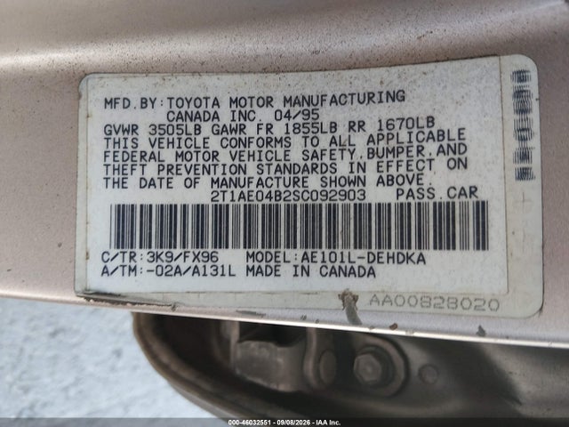 1995 Toyota Corolla მანქანა იყიდება აუქციონზე, vin: 2T1AE04B2SC092903, აუქციონის ნომერი: 46032551