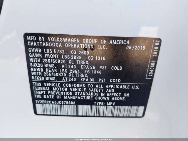 Продаж на аукціоні авто 2018 Volkswagen Atlas 3.6l V6 Sel, vin: 1V2ER2CA0JC578383, номер лоту: 46032555