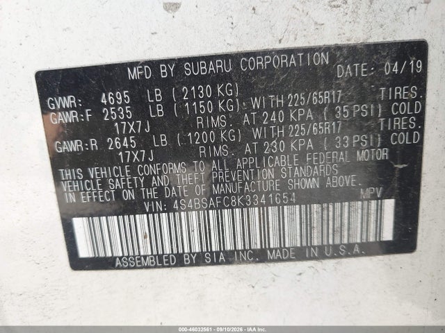 Subaru Outback 2.5i Premium 2019 4S4BSAFC8K3341654 Image 9
