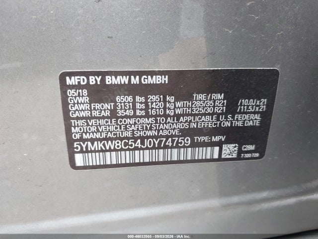 46032565 :رقم المزاد ، 5YMKW8C54J0Y74759 vin ، 2018 Bmw X6 M مزاد بيع