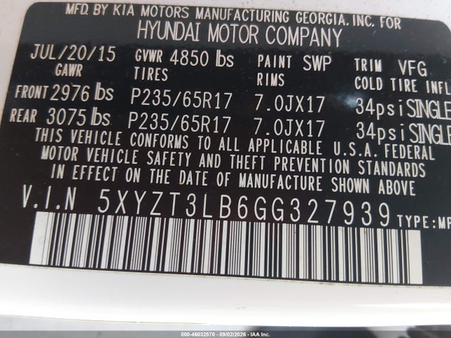 Продажа на аукционе авто 2016 Hyundai Santa Fe Sport 2.4l, vin: 5XYZT3LB6GG327939, номер лота: 46032570