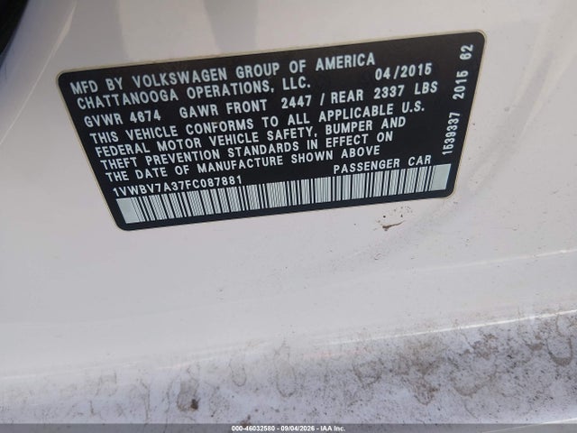 2015 Volkswagen Passat 2.0l Tdi Se მანქანა იყიდება აუქციონზე, vin: 1VWBV7A37FC087881, აუქციონის ნომერი: 46032580