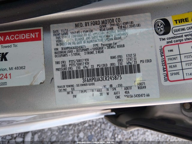 46032581 :رقم المزاد ، 3FAHP0JA3CR245875 vin ، 2012 Ford Fusion Sel مزاد بيع