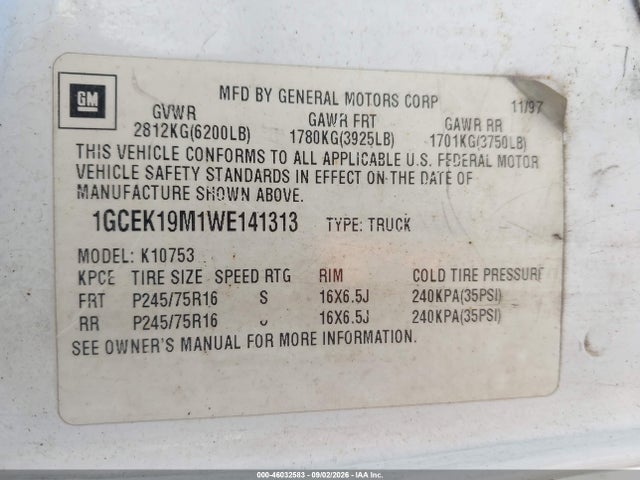 1998 Chevrolet K1500 Fleetside მანქანა იყიდება აუქციონზე, vin: 1GCEK19M1WE141313, აუქციონის ნომერი: 46032583