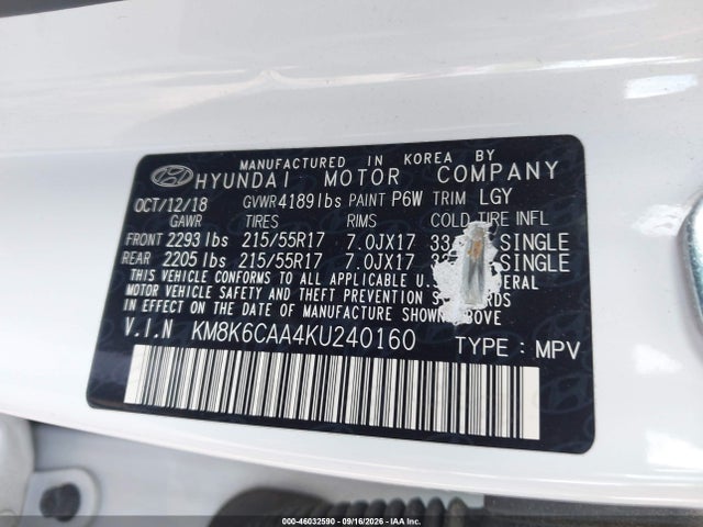 46032590 :رقم المزاد ، KM8K6CAA4KU240160 vin ، 2019 Hyundai Kona Sel مزاد بيع