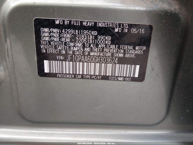 Продаж на аукціоні авто 2016 Subaru Impreza 2.0i, vin: JF1GPAA60GH303624, номер лоту: 46032594