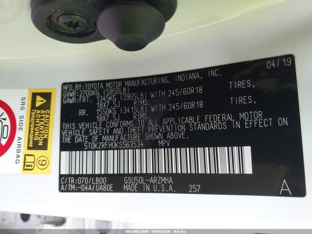 46032598 :رقم المزاد ، 5TDKZRFH0KS563534 vin ، 2019 Toyota Highlander Xle مزاد بيع