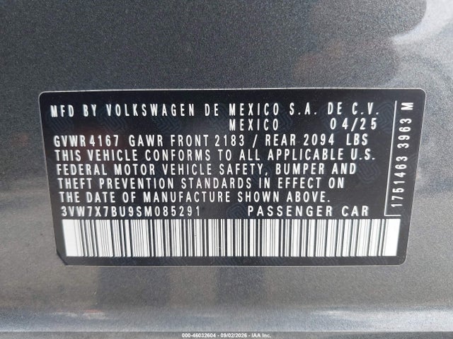 Aukcja sprzedaży 2025 Volkswagen Jetta 1.5t Se, vin: 3VW7X7BU9SM085291, numer aukcji: 46032604