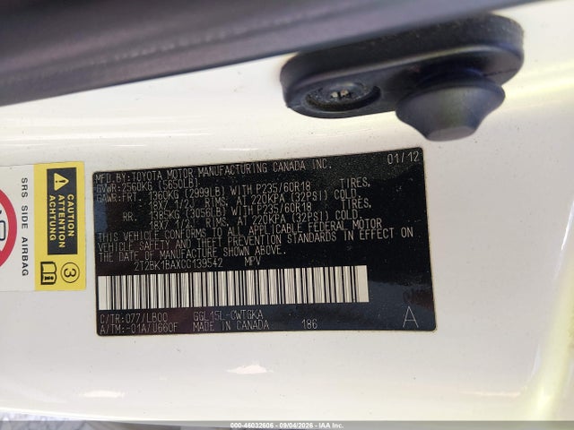 Aukcja sprzedaży 2012 Lexus Rx 350, vin: 2T2BK1BAXCC139542, numer aukcji: 46032606