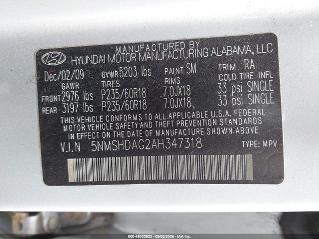 2010 Hyundai Santa Fe Se მანქანა იყიდება აუქციონზე, vin: 5NMSHDAG2AH347318, აუქციონის ნომერი: 46032622