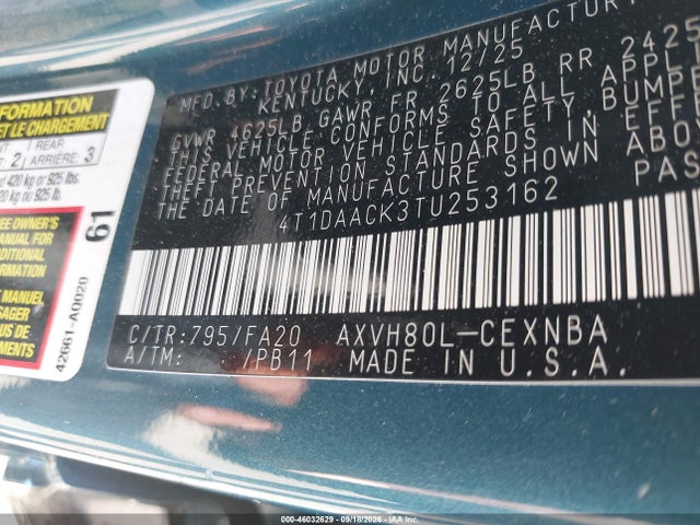 Aukcja sprzedaży 2026 Toyota Camry Le, vin: 4T1DAACK3TU253162, numer aukcji: 46032629