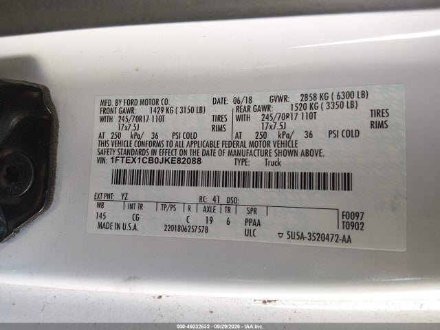 2018 Ford F-150 Xl/xlt მანქანა იყიდება აუქციონზე, vin: 1FTEX1CB0JKE82088, აუქციონის ნომერი: 46032633