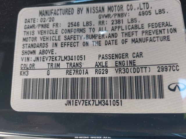 Aukcja sprzedaży 2020 Infiniti Q60 Luxe, vin: JN1EV7EK7LM341051, numer aukcji: 46032645