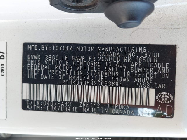 2009 Toyota Matrix მანქანა იყიდება აუქციონზე, vin: 2T1KU40E99C093684, აუქციონის ნომერი: 46032647