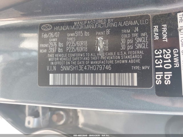 Продажа на аукционе авто 2007 Hyundai Santa Fe Limited/se, vin: 5NMSH13E47H079746, номер лота: 46032649