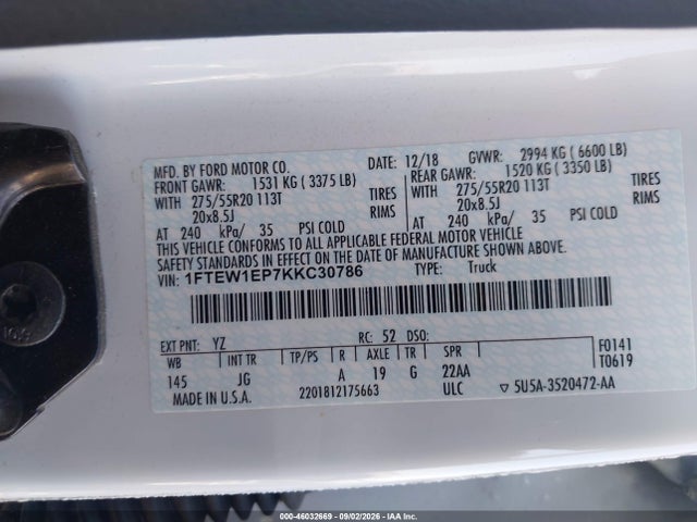 46032669 :رقم المزاد ، 1FTEW1EP7KKC30786 vin ، 2019 Ford F-150 Xl مزاد بيع