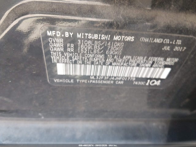 Auction sale of the 2018 Mitsubishi Mirage G4 Es, vin: ML32F3FJ4JHF01779, lot number: 46032674
