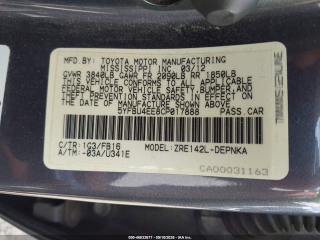 46032677 :رقم المزاد ، 5YFBU4EE8CP017888 vin ، 2012 Toyota Corolla Le مزاد بيع