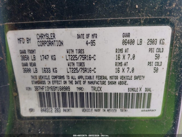 Aukcja sprzedaży 1995 Dodge Ram 1500, vin: 3B7HF13Y6SM160909, numer aukcji: 46032679