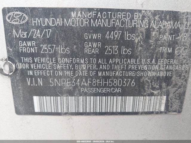 2017 Hyundai Sonata Sport მანქანა იყიდება აუქციონზე, vin: 5NPE34AF8HH580376, აუქციონის ნომერი: 46032680