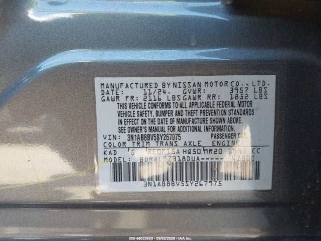 Aukcja sprzedaży 2025 Nissan Sentra S, vin: 3N1AB8BV5SY267975, numer aukcji: 46032689