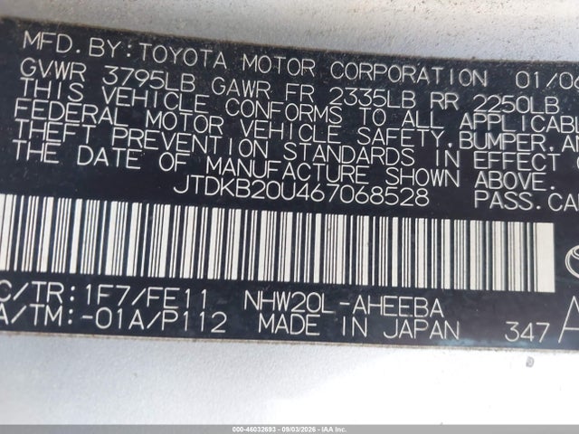 Aukcja sprzedaży 2006 Toyota Prius, vin: JTDKB20U467068528, numer aukcji: 46032693