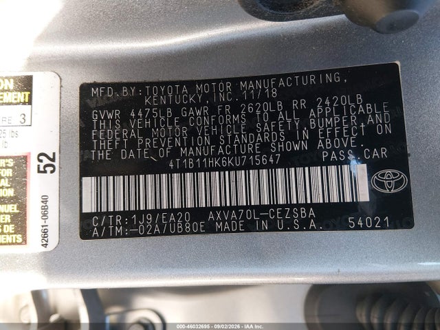 Aukcja sprzedaży 2019 Toyota Camry Se, vin: 4T1B11HK6KU715647, numer aukcji: 46032695