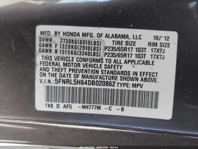 2013 Honda Odyssey Ex-l მანქანა იყიდება აუქციონზე, vin: 5FNRL5H64DB020862, აუქციონის ნომერი: 46032699