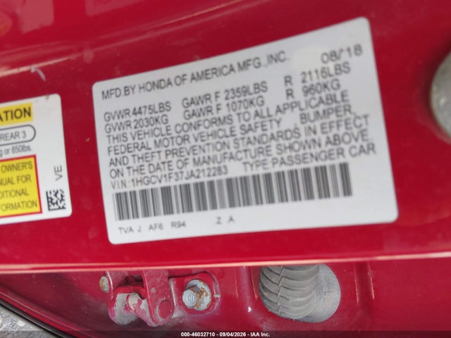 2018 Honda Accord Sport მანქანა იყიდება აუქციონზე, vin: 1HGCV1F37JA212283, აუქციონის ნომერი: 46032710