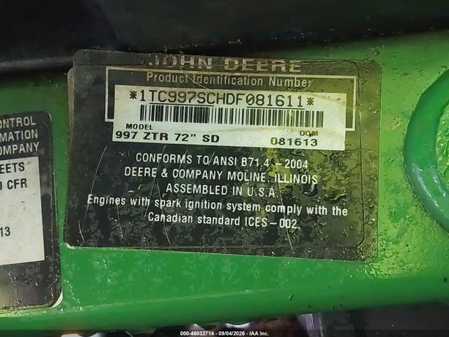 Auction sale of the 2004 John Deere Zero Turn Mowe 997sc3.072 Sd, vin: TC997SC081611, lot number: 46032714