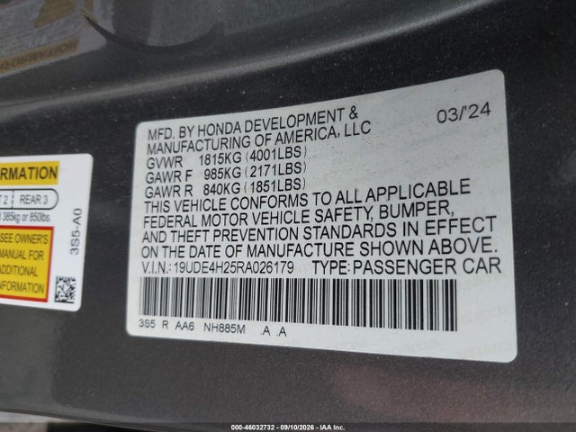 Aukcja sprzedaży 2024 Acura Integra, vin: 19UDE4H25RA026179, numer aukcji: 46032732