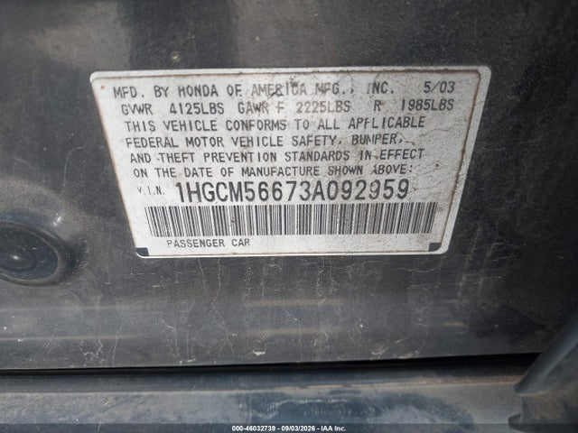 Auction sale of the 2003 Honda Accord 2.4 Ex, vin: 1HGCM56673A092959, lot number: 46032739