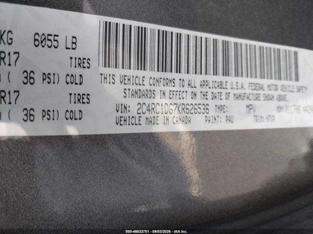 Продаж на аукціоні авто 2019 Chrysler Pacifica Touring, vin: 2C4RC1DG7KR626536, номер лоту: 46032751