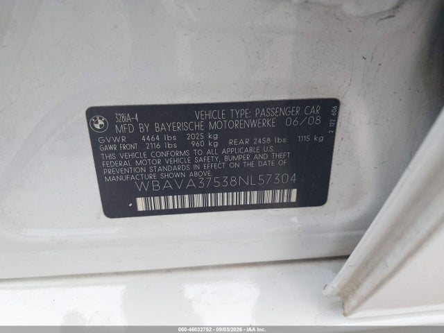 Продажа на аукционе авто 2008 Bmw 328i, vin: WBAVA37538NL57304, номер лота: 46032752