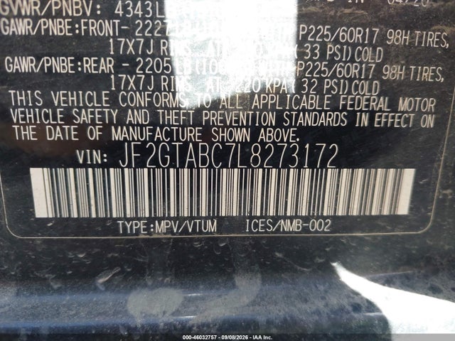 Aukcja sprzedaży 2020 Subaru Crosstrek, vin: JF2GTABC7L8273172, numer aukcji: 46032757