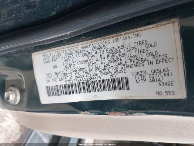 46032759 :رقم المزاد ، 5TDZT38A83S204415 vin ، 2003 Toyota Sequoia Limited V8 مزاد بيع