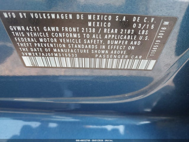 Продаж на аукціоні авто 2015 Volkswagen Jetta 2.0l S, vin: 3VW2K7AJ0FM315533, номер лоту: 46032769