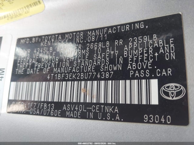 Aukcja sprzedaży 2011 Toyota Camry Le, vin: 4T1BF3EK2BU774387, numer aukcji: 46032792