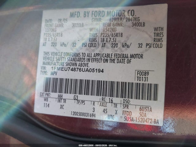 2006 Ford Explorer Eddie Bauer მანქანა იყიდება აუქციონზე, vin: 1FMEU74876UA05194, აუქციონის ნომერი: 46032800