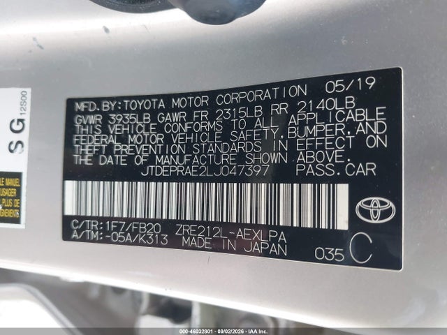 46032801 :رقم المزاد ، JTDEPRAE2LJ047397 vin ، 2020 Toyota Corolla Le مزاد بيع