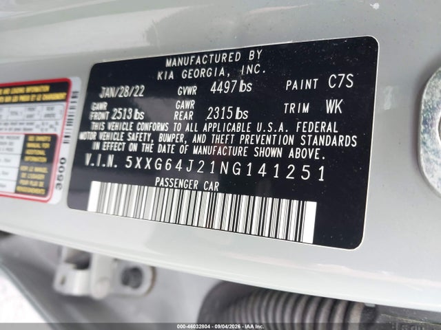 Продаж на аукціоні авто 2022 Kia K5 Gt-line, vin: 5XXG64J21NG141251, номер лоту: 46032804