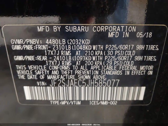 Aukcja sprzedaży 2018 Subaru Forester 2.5i Premium, vin: JF2SJAEC5JH585077, numer aukcji: 46032809
